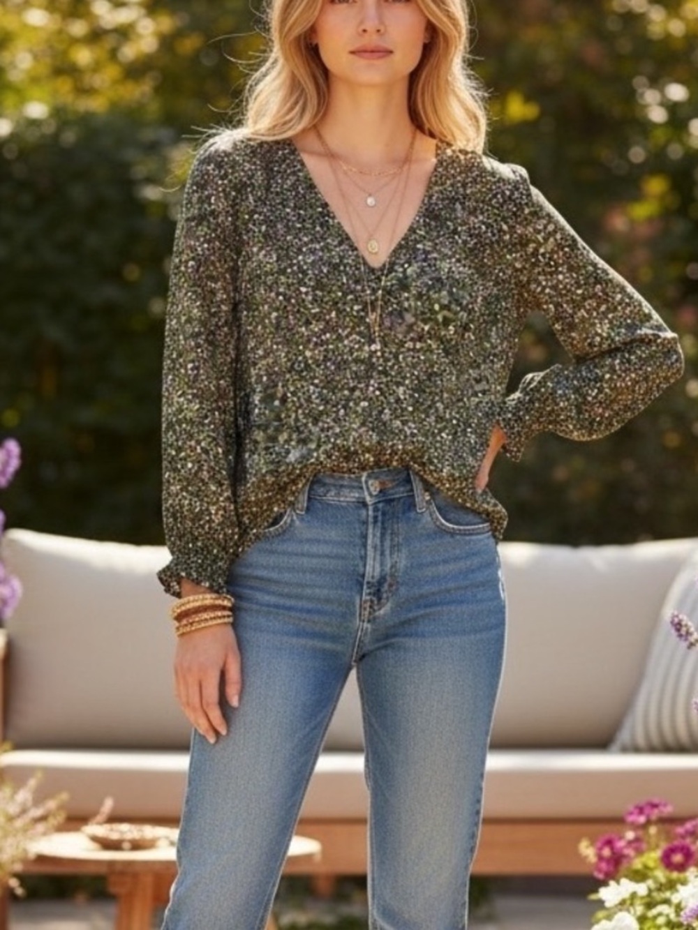 CABI Green Floral Print Long Sleeve Blouse Size XS